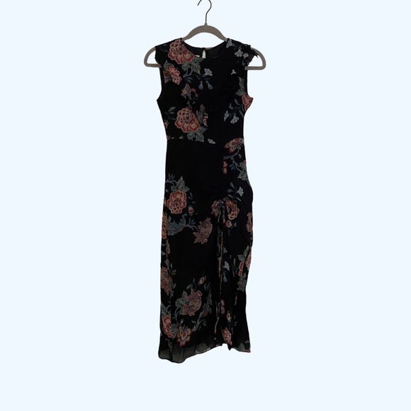 Pinko Black Floral Mid Length Ruched Cocktail Dress Ruffle Tie Hem Midi Lined - Picture 1 of 4